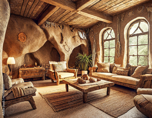 Neolithic-style living room interior, with primitive furniture and cave art decorations. © Jounn