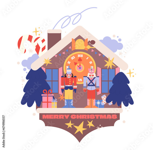 Cartoon wall clock Nutcracker New Year in retro groovy style of the 90s. New Year's fairy tale illustration, Christmas dial. Winter house, New Year's characters