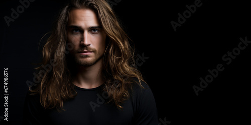 a handsome groomed man with long hair isolated on dark grey background
