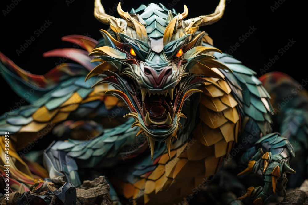 A dragon-shaped origami creation made with precision and patience. Concept of paper art and craftsmanship. Generative Ai. A dragon-shaped origami creation made with precision and patience. Concept of paper art and craftsmanship. Generative Ai.