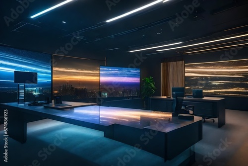 A futuristic office with innovative tech features like holographic displays.
