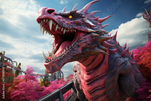 A dragon-themed roller coaster at an amusement park. Concept of thrilling rides and fun. Generative Ai.