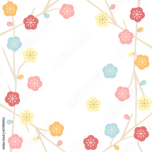 パステルカラーの可愛い梅の花と枝の和風イラストのカード　アスペクト比1：1バージョン　