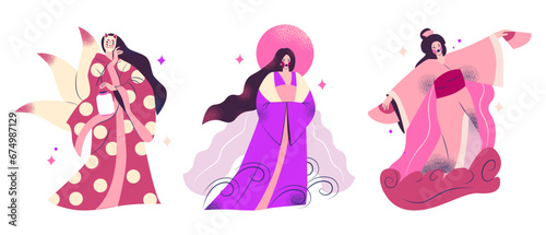 Japanese characters female geisha in kimono in cartoon style. Traditional folk costumes of Asian culture. National doll with an umbrella
