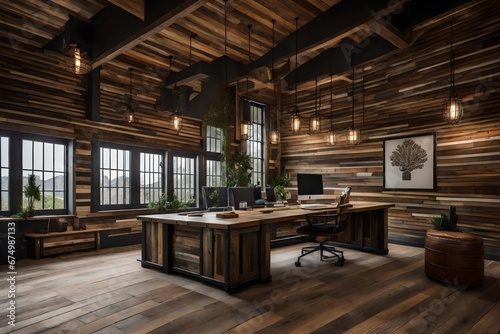 A rustic office with reclaimed wood and vintage accents.
