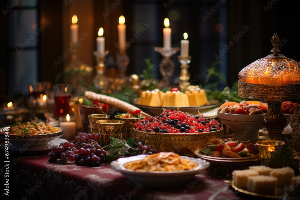 A festive Orthodox Old New Year's dinner table adorned with traditional dishes. Concept of cultural celebration and culinary traditions. Generative Ai. A festive Orthodox Old New Year's dinner table adorned with traditional dishes. Concept of cultural celebration and culinary traditions. Generative Ai.