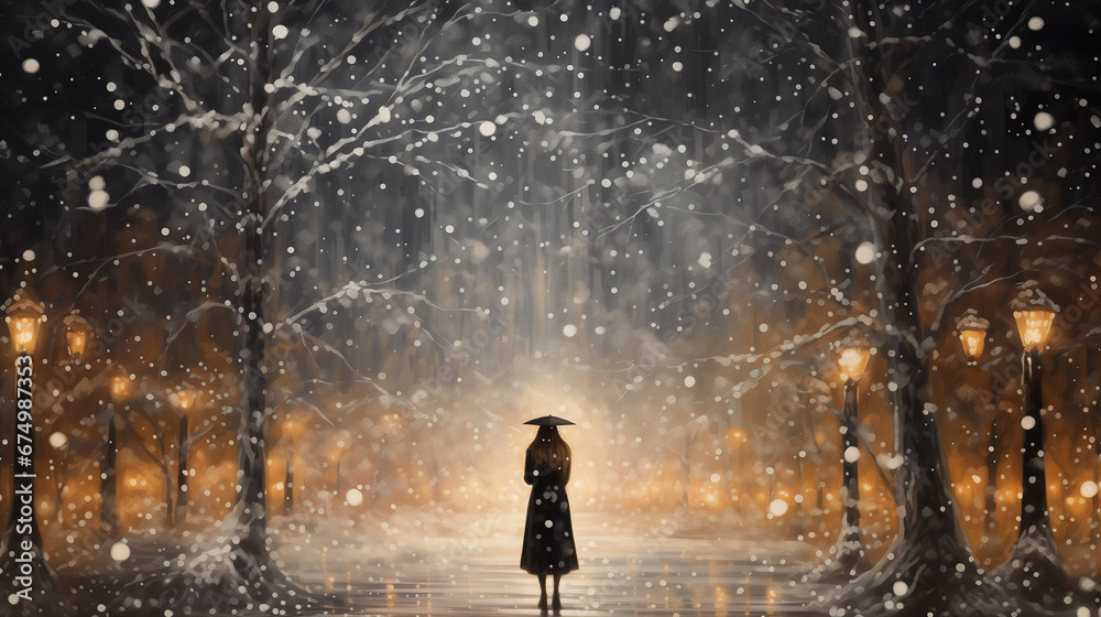 snowflakes dance around a girl in the park, capturing the pure magic of a Christmas winter's day