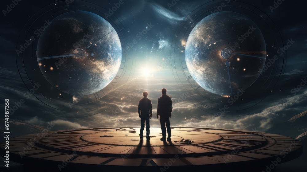 Time-travelling space nebula, home of a fictional space station, people standing. Time-travelling space nebula, home of a fictional space station, people standing.