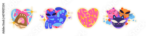 Set cartoon stickers with cats meow in retro groovy 90s style. Cute animal kittens hand drawn doodles. Pets characters