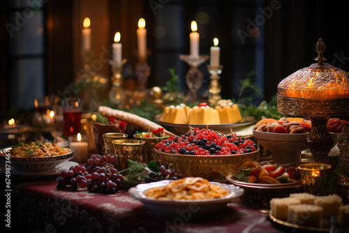 A festive Orthodox Old New Year's dinner table adorned with traditional dishes. Concept of cultural celebration and culinary traditions. Generative Ai. © Sebastian