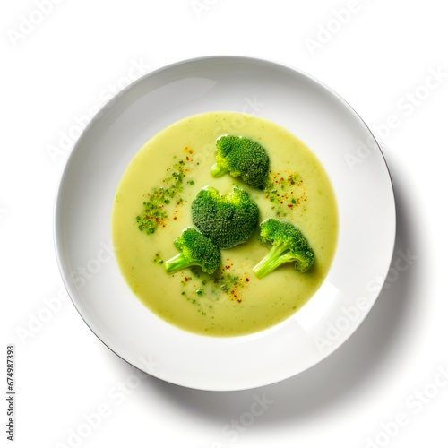 Top view on broccoli soup on white background.