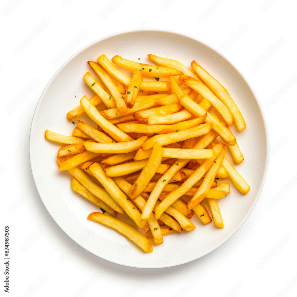 Top view on plate with french fries on white background. Top view on plate with french fries on white background.