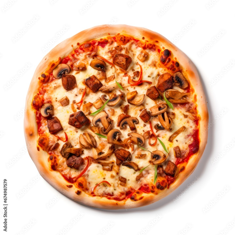 Top view on mushroom pizza on white background.