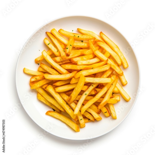 Top view on plate with french fries on white background.