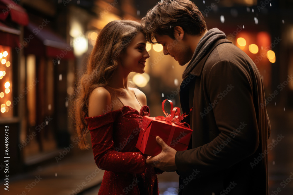 A young couple exchanging gifts and kisses on Orthodox Old New Year's Eve. Concept of love and romance. Generative Ai. A young couple exchanging gifts and kisses on Orthodox Old New Year's Eve. Concept of love and romance. Generative Ai.