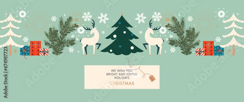 merry christmas and happy new year greeting card. xmas design with beautiful tree and deers. i̇llustration concept for invitation, background, website banner, poster, social media, marketing material.