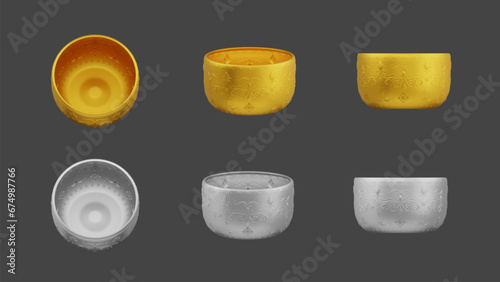 set of element of gold and silver bowl thai culture from image traced 3d. songkran festival thailand