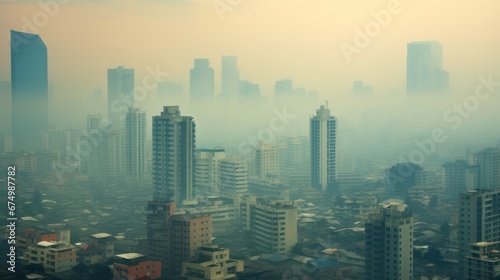 Smog Air pollution in Downtown skyscrapers aerial view