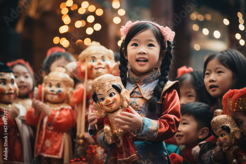 A traditional Old New Year s puppet show entertaining children and adults alike. Concept of folk entertainment and storytelling. Generative Ai.