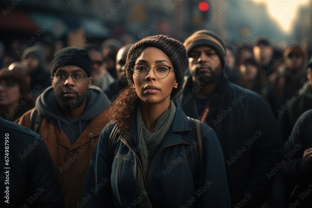A crowd of people marching in a peaceful protest in honor of Martin Luther King Jr. Day. Concept of civil rights and activism. Generative Ai.