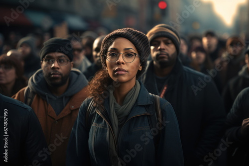 A crowd of people marching in a peaceful protest in honor of Martin Luther King Jr. Day. Concept of civil rights and activism. Generative Ai. © Sebastian