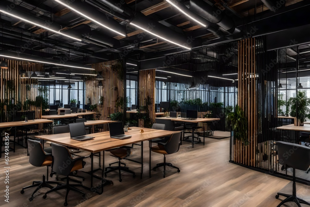 A co-working space with individual workstations and shared amenities.