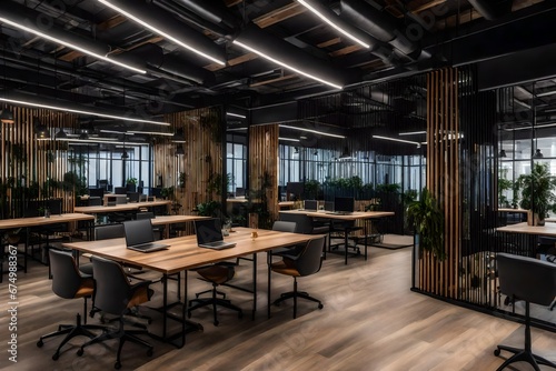 A co-working space with individual workstations and shared amenities.