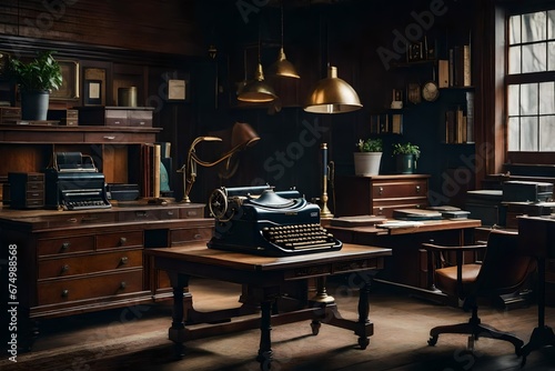 A vintage-inspired office with antique desks and typewriters.