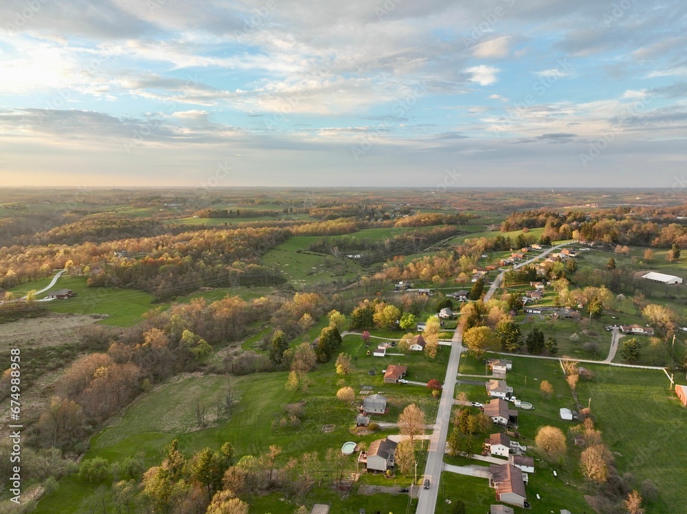 Stunning aerial view of lush green fields in the countryside in Eastern Ohio