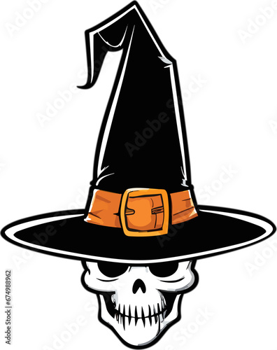 Vector illustration of a skull with a black witch hat on the white background