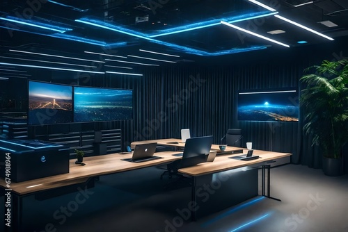 A futuristic office with innovative tech features like holographic displays.