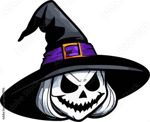 Illustration of a human skull wearing a black witch hat on a white background