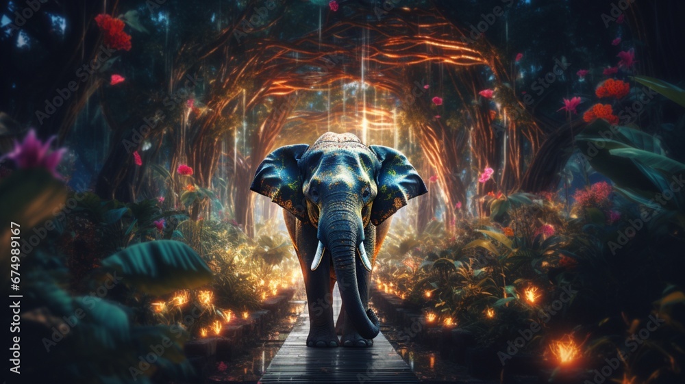 An elephant walks through the forest light beautiful image Ai generated art - obrazy, fototapety, plakaty 
