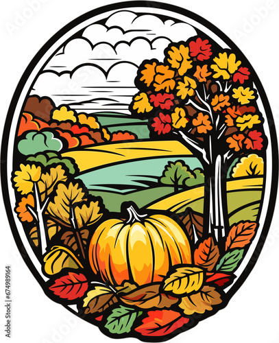 Vector illustration of an autumnal scene with colorful foliage and an abundance of harvest