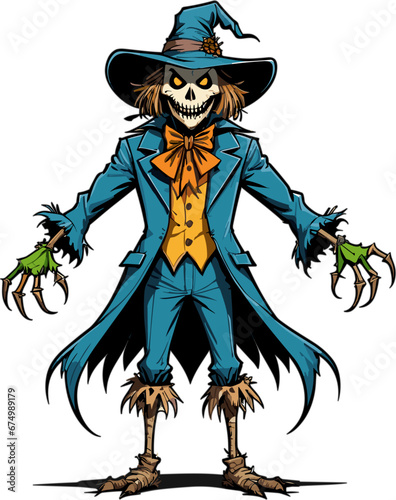 Vector illustration of a Halloween themed cartoon scarecrow on a white background