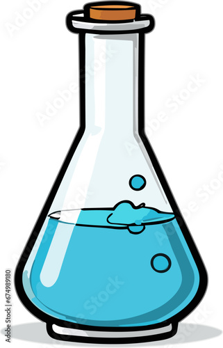 Clear glass flask filled with a brightly colored  liquid with a white background