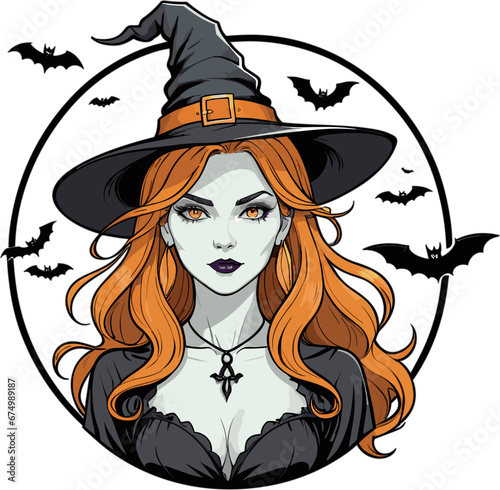 Illustration of a young woman in a witch costume for Halloween with a white background