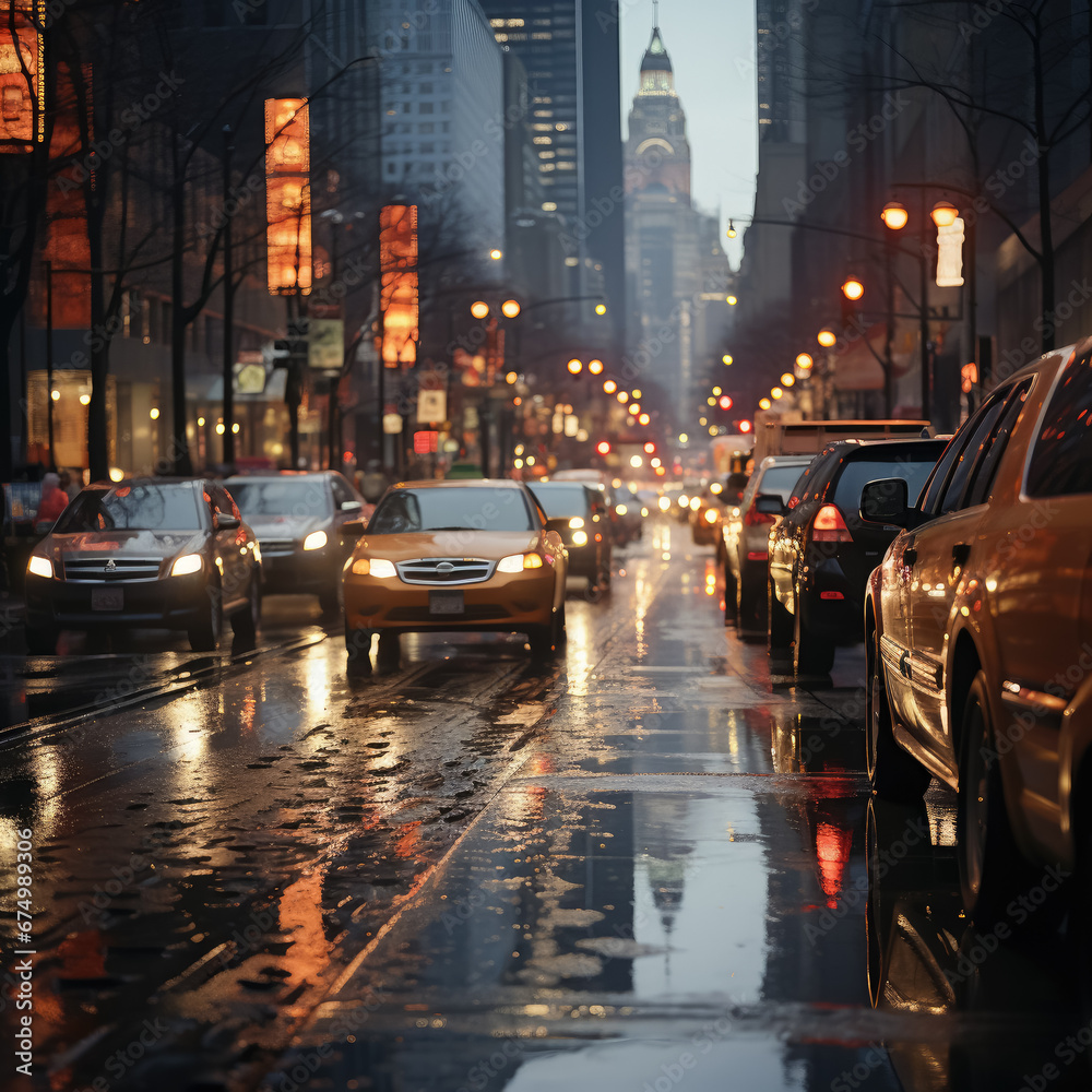 Photograph of traffic on a street in a large city on a rainy day