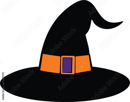 Vector illustration of a black witch hat with an orange buckle isolated on a white background.