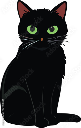 Vector illustration of a black cat with bright green eyes isolated on a white background.