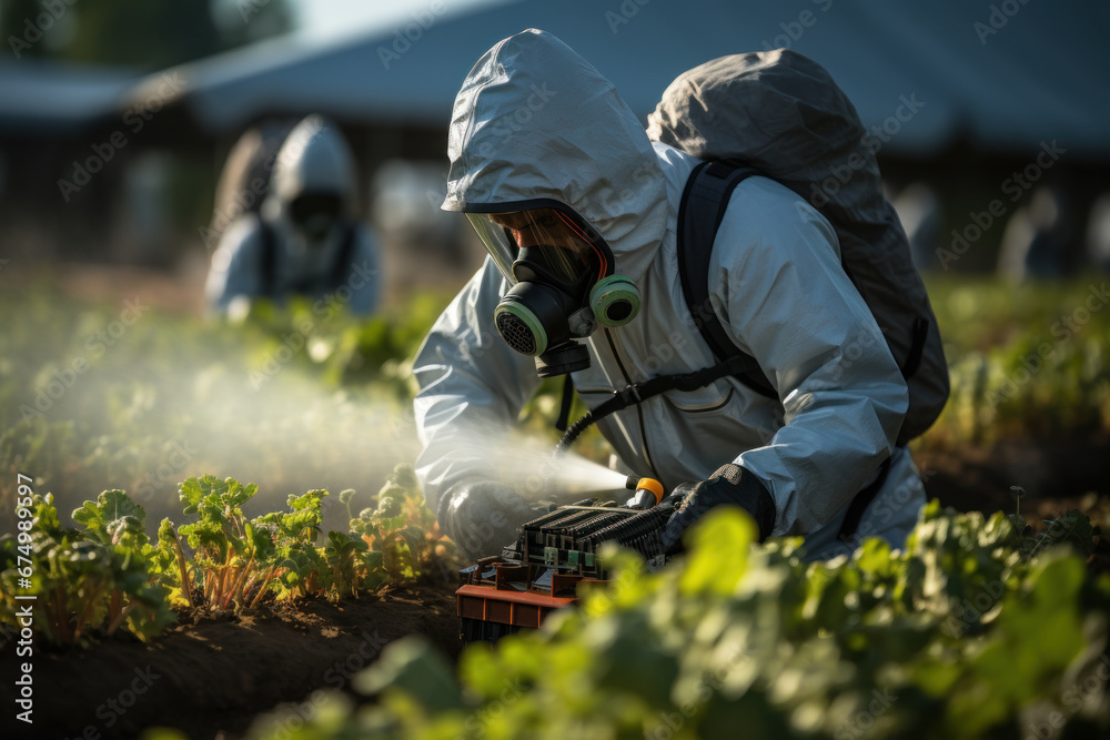 A farmer in a protective suit spraying crops with pesticides, addressing agricultural pollution and its impact on ecosystems. Generative Ai. A farmer in a protective suit spraying crops with pesticides, addressing agricultural pollution and its impact on ecosystems. Generative Ai.