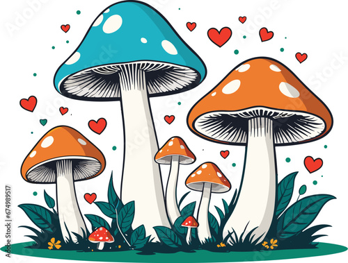 three colorful mushrooms with hearts in the background royalty vector art illustration