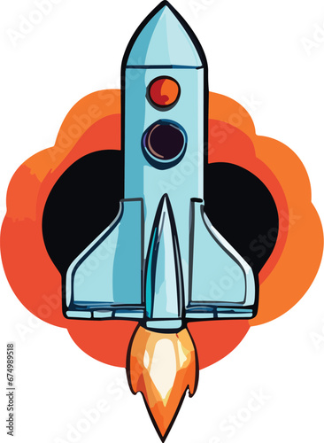 Vibrant digital cartoon illustration of a spaceship rocket flying off
