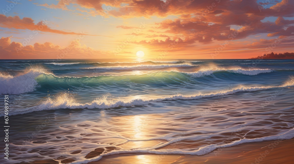 View of the beach, clean and clear wave sea, Sunset golden light sky scene. - obrazy, fototapety, plakaty 