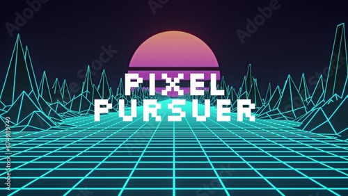 Illustration of pixel pursuer text with grip patterned mountains and purple sun, copy space