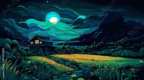 Colorized paddy field night house style photography image AI generated art