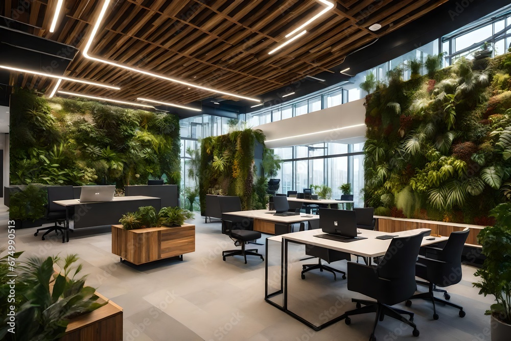 An office with a biophilic Approach, incorporating lots of plants and natural materials.