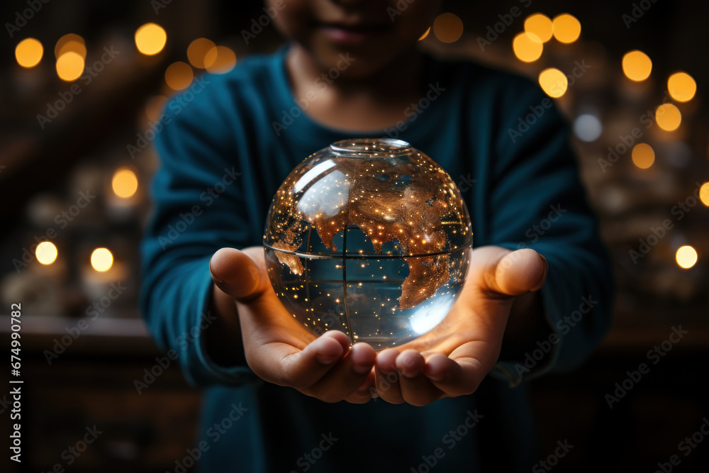 Fototapeta premium A close-up of a child's hands holding a globe, symbolizing global awareness and interconnectedness. Generative Ai.