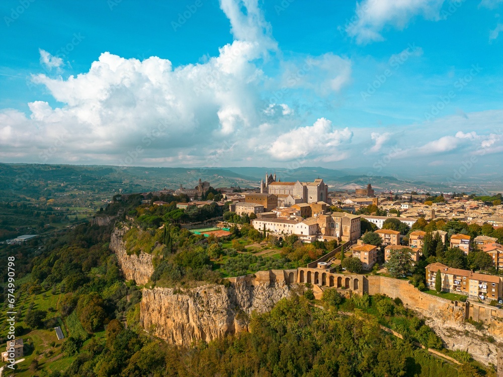 Aerial view of the Orvieto on the green hillside