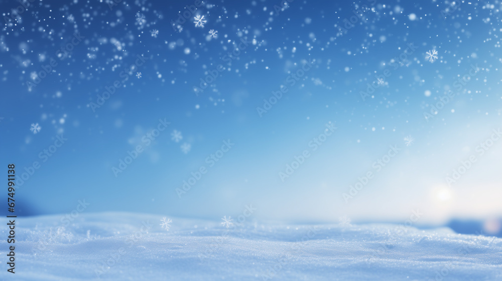 Winter snow background during the sunset. Wonderful light blue sky and snowflakes falling, banner format, copy space
